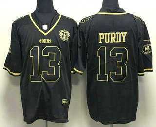 Mens San Francisco 49ers #13 Brock Purdy Black Gold With 75th Anniversary Patch Stitched Jersey